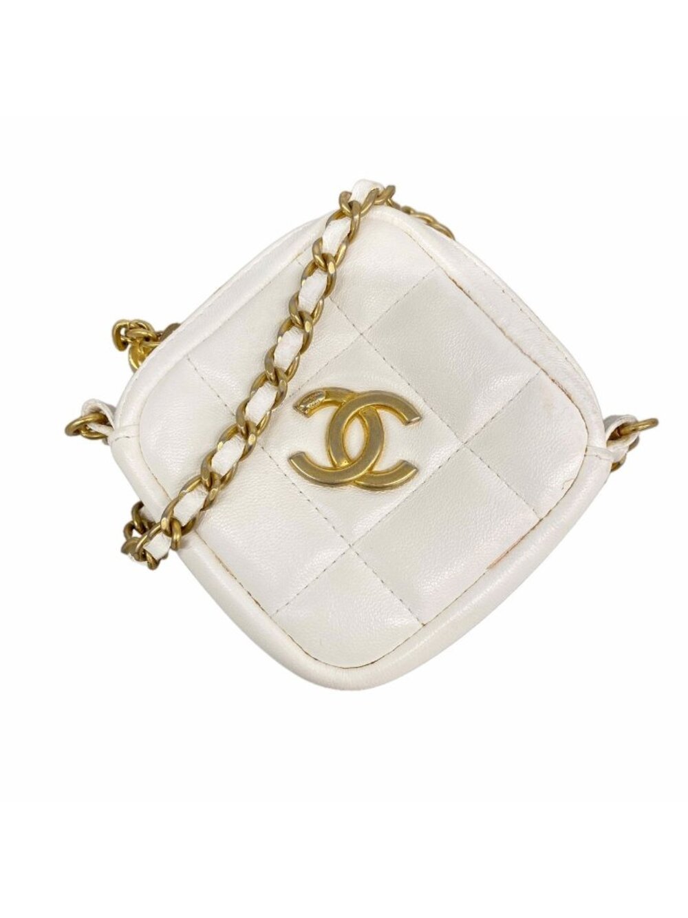 Chanel Shoulder Bag Quilted Lambskin White Gold